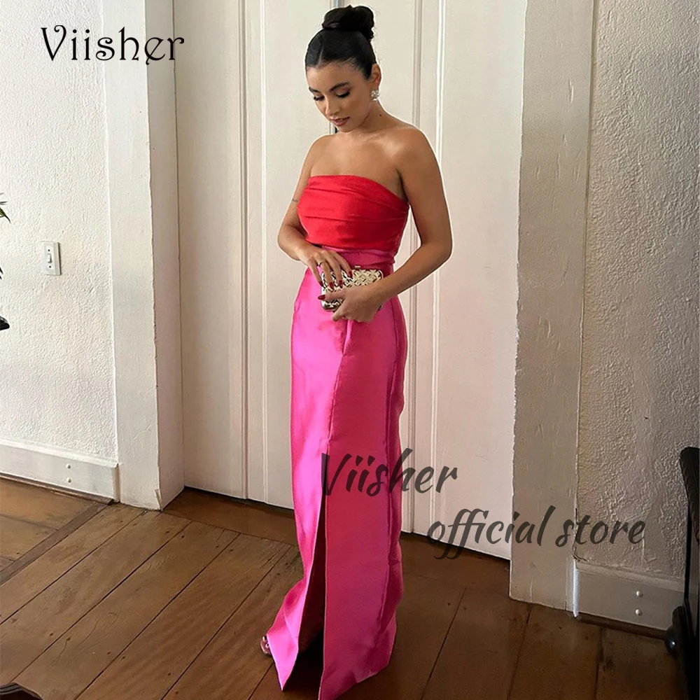 

Розовое Атласное Вечернее платье-Русалка Viisher с разрезом, без бретелек, для выпускного вечера, женское платье до пола, официальное платье с завязкой на спине