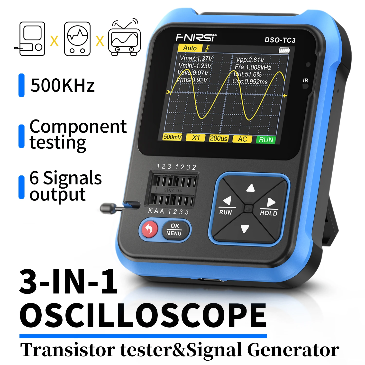FNIRSI DSO TC3 Digital Oscilloscope Transistor Tester Function Signal Generator 3 in 1 Multifunction Electronic Component Tester
FNIRSI DSO TC3 Digital Oscilloscope Transistor Tester Function Signal Generator 3 in 1 Multifunction Electronic Component Tester