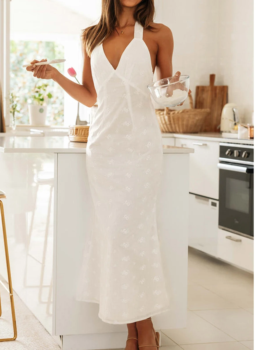 women elegant deep v neck Summer Long Evening Dress White Sleeveless Halter Neck Lace Embroidery Dress vestidos
women elegant deep v neck Summer Long Evening Dress White Sleeveless Halter Neck Lace Embroidery Dress vestidos