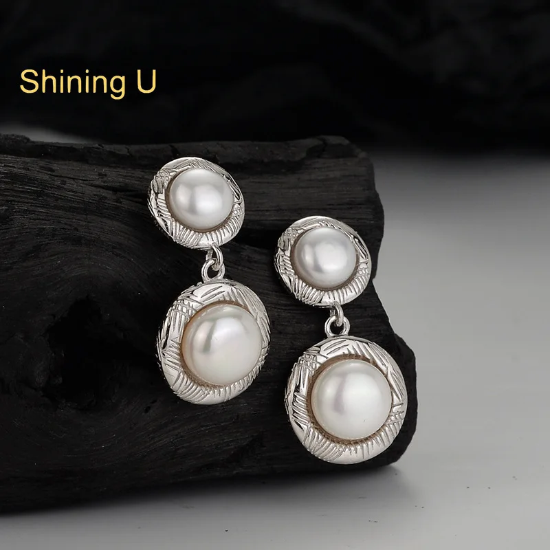 

Shining U S925 Silver Freshwater Pearl Drop Earrings for Women Fine Jewelry New Chinese Style Gift