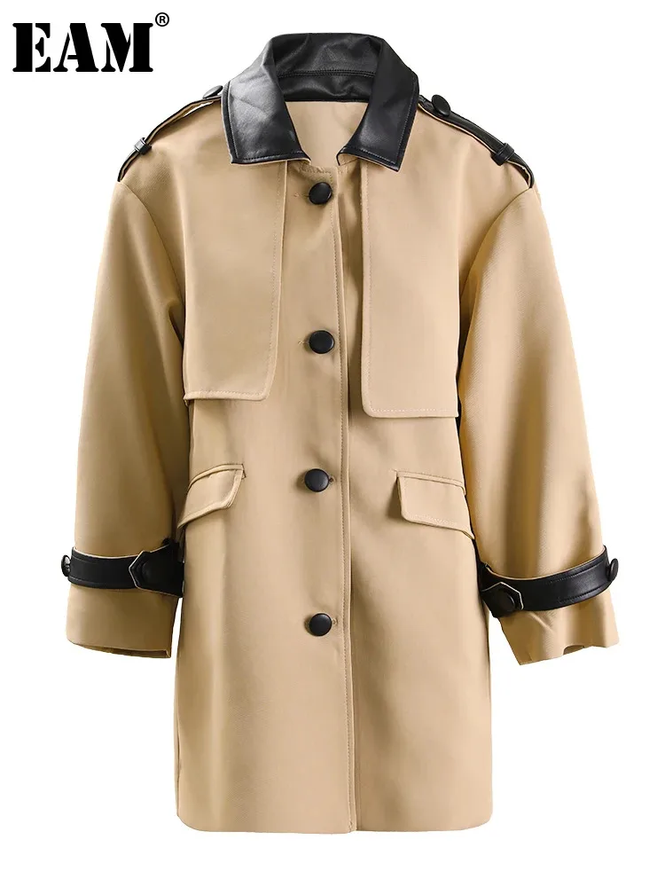 

[EAM] Women Khaki Leather Color-block Big Size Trench New Lapel Long Sleeve Windbreaker Fashion Tide Spring Autumn 2024 CPG1304