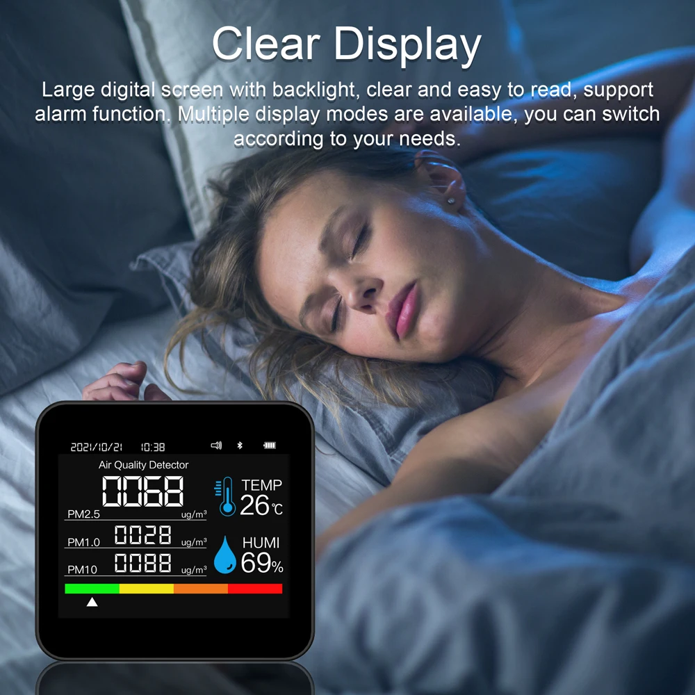 9in1 BT Air Quality Monitor CO2 Meter Carbon Dioxide Detector TVOC HCHO PM2.5 PM1.0 PM10 Temperature Humidity Detection
9in1 BT Air Quality Monitor CO2 Meter Carbon Dioxide Detector TVOC HCHO PM2.5 PM1.0 PM10 Temperature Humidity Detection
