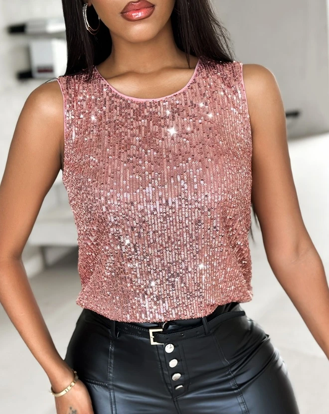 

Top for Women Allover Sequin Round Neck Tank Top 2024 Spring Latest Fashion Casual Minimalist Style Sleeveless Daily T-Shirt