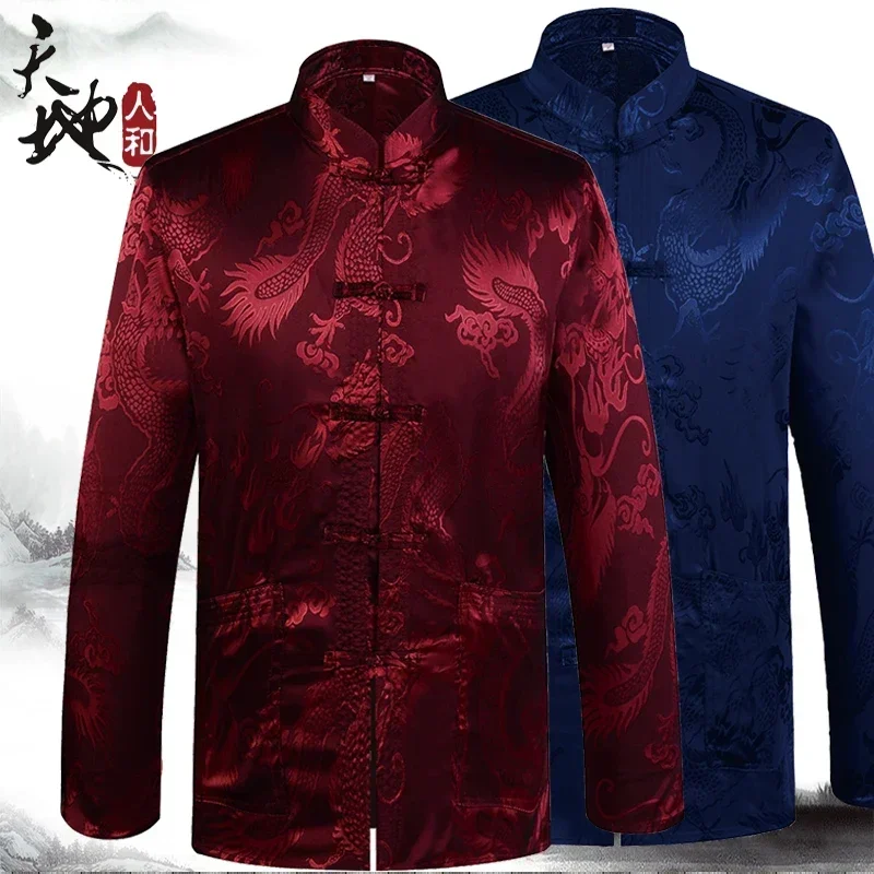 

Spring Asian Traditional Top Red New Year Chinese Style Men's Dragon Tang Suit Clothing Long Sleeve Kung Fu Shirt Plus Size Coat