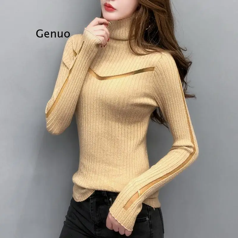 

Turtleneck Sweater Slim Female Sexy Long-Sleeved Perspective Net Yarn Splicing Knitwear Bright Pull Ladies Sweaters Pullover Top