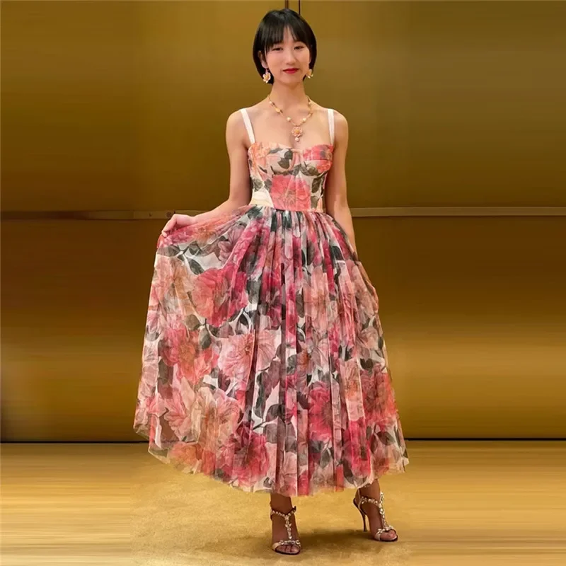 

Summer Dress New Fashion 2024 Women Sleeveless Spaghetti Strap Mesh Rose Print Beading Bra Pleated Elegant Mid-calf Party Dress