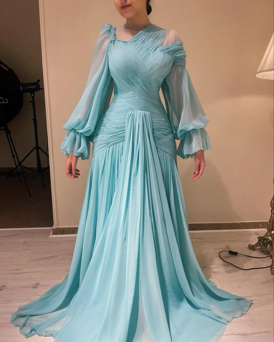 

2024 New Style Puff Long Sleeves Women's Evening Dress Pleated A-Line Floor-Length Prom Dresses Formal Occasion платье вечернее