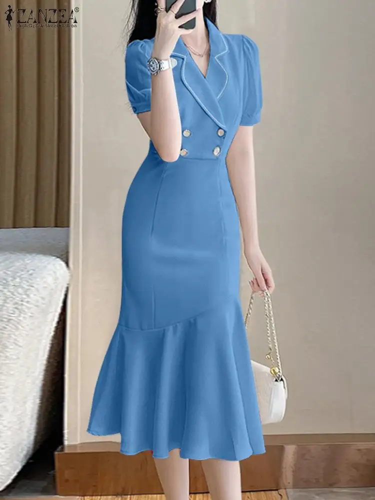 

ZANZEA Casual Slimming Midi Dresses Women Mermaid Long Dress 2023 Elegant Puff Short Sleeve Robes Suit Collar Buttons Vestidos