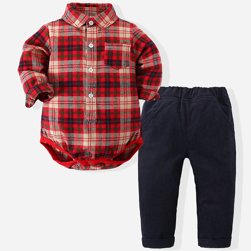 

2Piece Spring Autumn Boys Outfit Set Korean Fashion Gentleman Plaid Bodysuit+Pants Baby Luxury Clothing Newborn Clothes BC1012