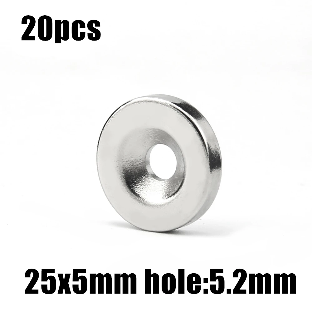 

20pcs 25x5mm Hole: 5.2mm super Strong Round Neodymium Countersunk Ring Magnets Rare Earth N35