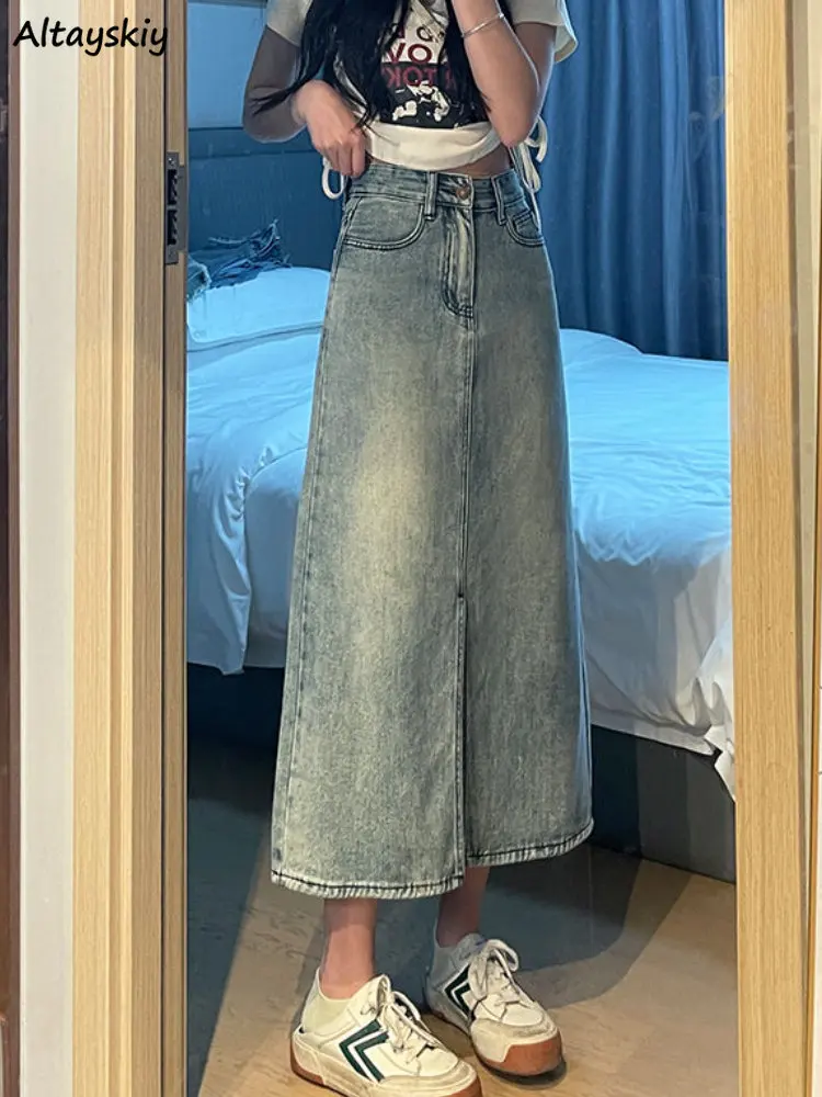 

Denim A-line Long Skirts Women Spring Autumn Distressed Front-slit Leisure Vintage Streetwear Ulzzang Simple High Waist Harajuku