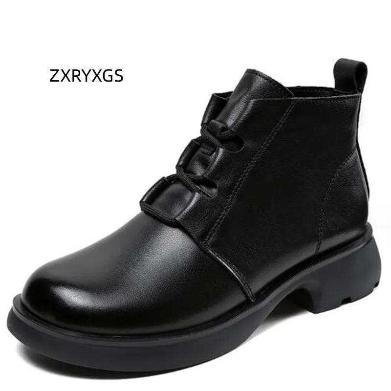 

ZXRYXGS British Style Premium Full Genuine Leather Boots Autumn Single Shoes Woman Ankle Boot 2023 Plus Velvet Warm Winter Boots