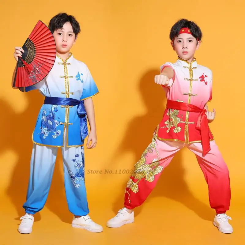 

2024 traditional chinese children kung fu costume national dragon print wushu uniform suit kung fu suit retro wing-chun clothing