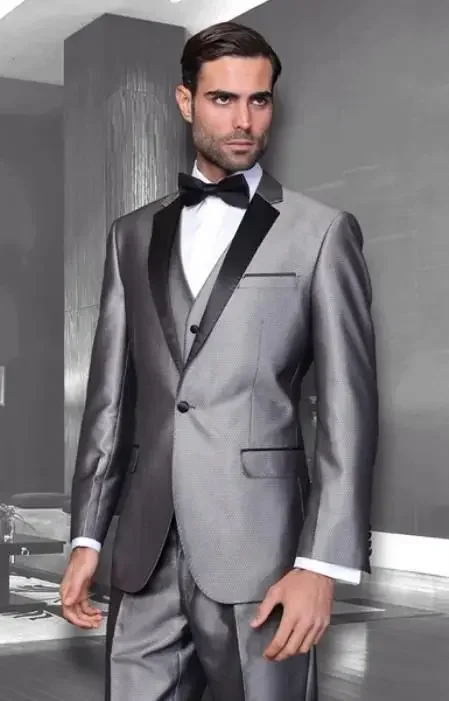 

Grey Satin Wedding Suits For Men Slim Fit 3 Piece Gentle Tuxedo Italian Custom Groom Prom Blazer Sets Veste Costume Homme Luxe