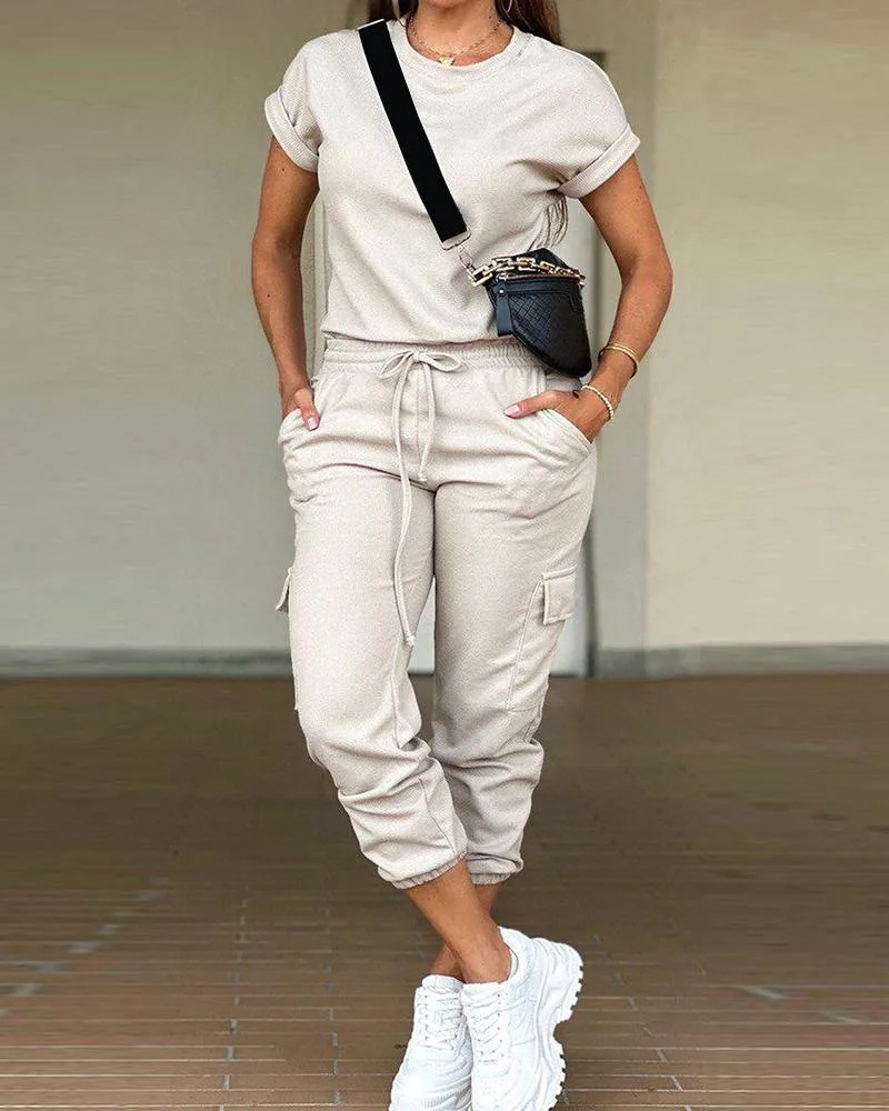 Two Piece Set Women Solid Round Neck Short Sleeve T Shirts Drawstring Trousers Midi Waist Pants Pockets Ladies Autumn 2023
Two Piece Set Women Solid Round Neck Short Sleeve T Shirts Drawstring Trousers Midi Waist Pants Pockets Ladies Autumn 2023