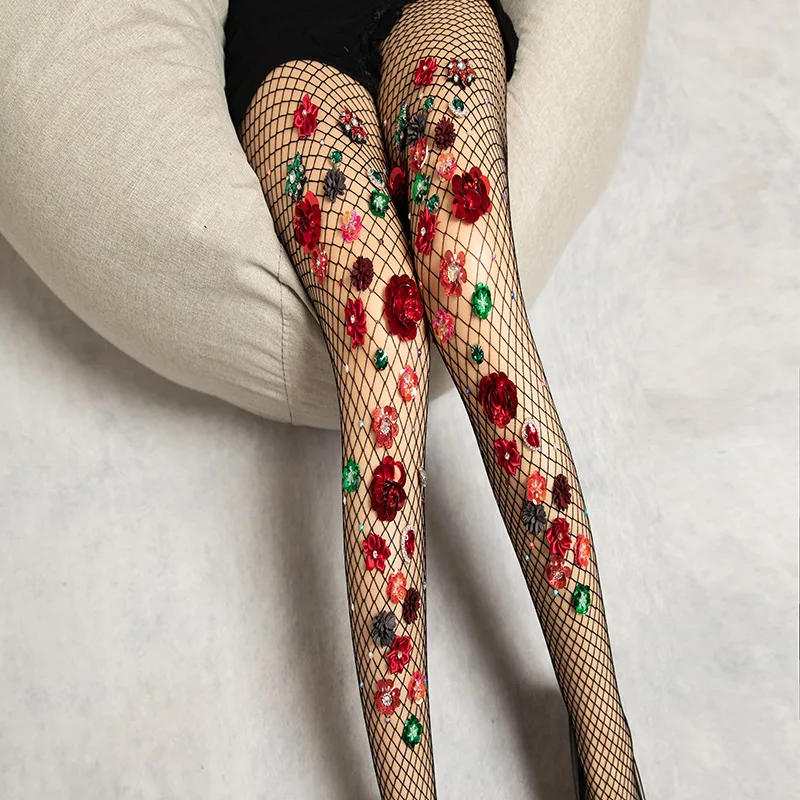 

New Black High Waist Fishnets Pantyhose Tights Crystal Sequins Flower Fishnet Stockings Tights Thigh High Pantyhose for Women