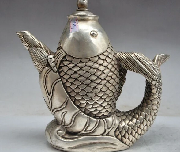 

decoration brass factory outlets Tibet Silver 8"mark china chinese fengshui silver fish statue Yellow rice Wine Tea Pot Flagon