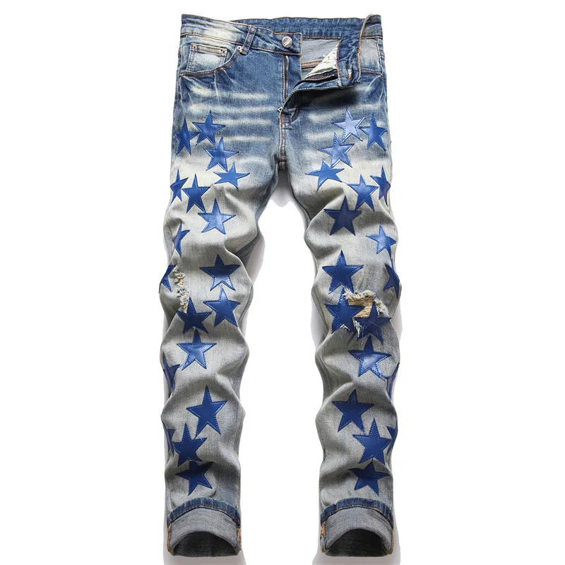 

Men's Fashion Blue Stars Leather Patches Jeans Streetwear Distressed Ripped Stretch Denim Pants Slim Tapered Men's Trousers