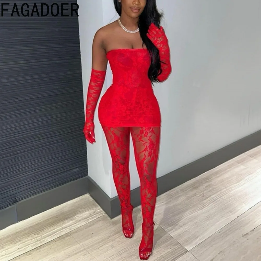 

FAGADOER Sexy Lace Hollow Out Perspective Nightclub Two Piece Sets Women Off Shoulder Sleeveless Tube And Skinny Pants Outfits