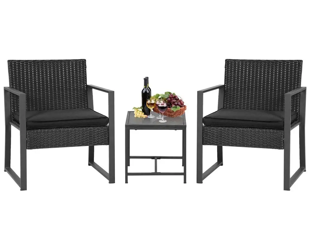 

3 Piece Conversation Patio Furniture Sets PE cane Wicker Patio Chairs Rattan Outdoor Weather-Resistant Bistro Set Black