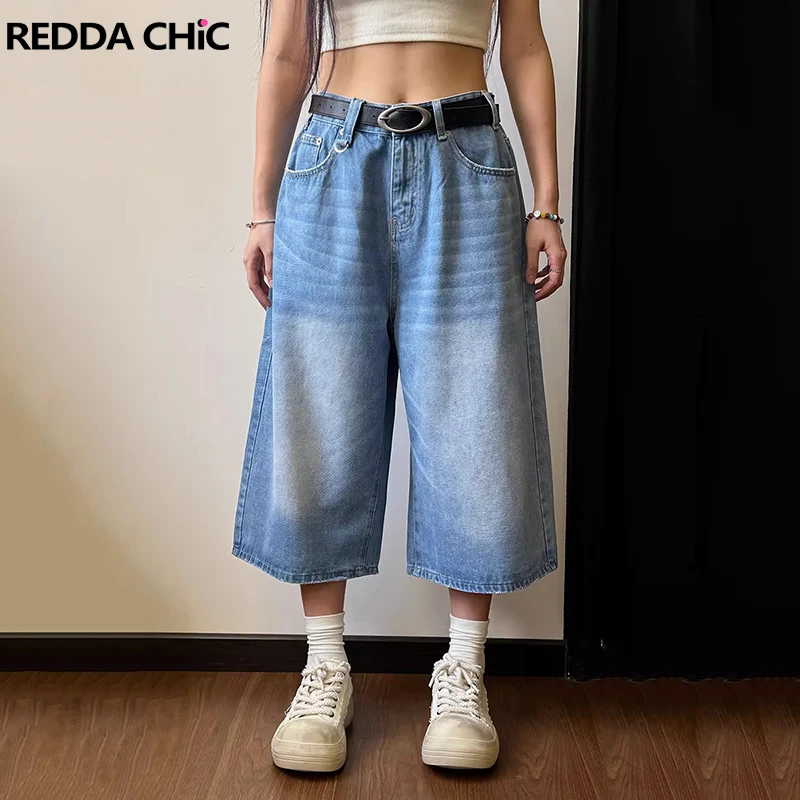 

REDDACHiC Low Rise Whiskers Baggy Jeans Jorts Women Boyfriend Style Vintage Wash Casual Wide Leg Denim Pants Korean Streetwear