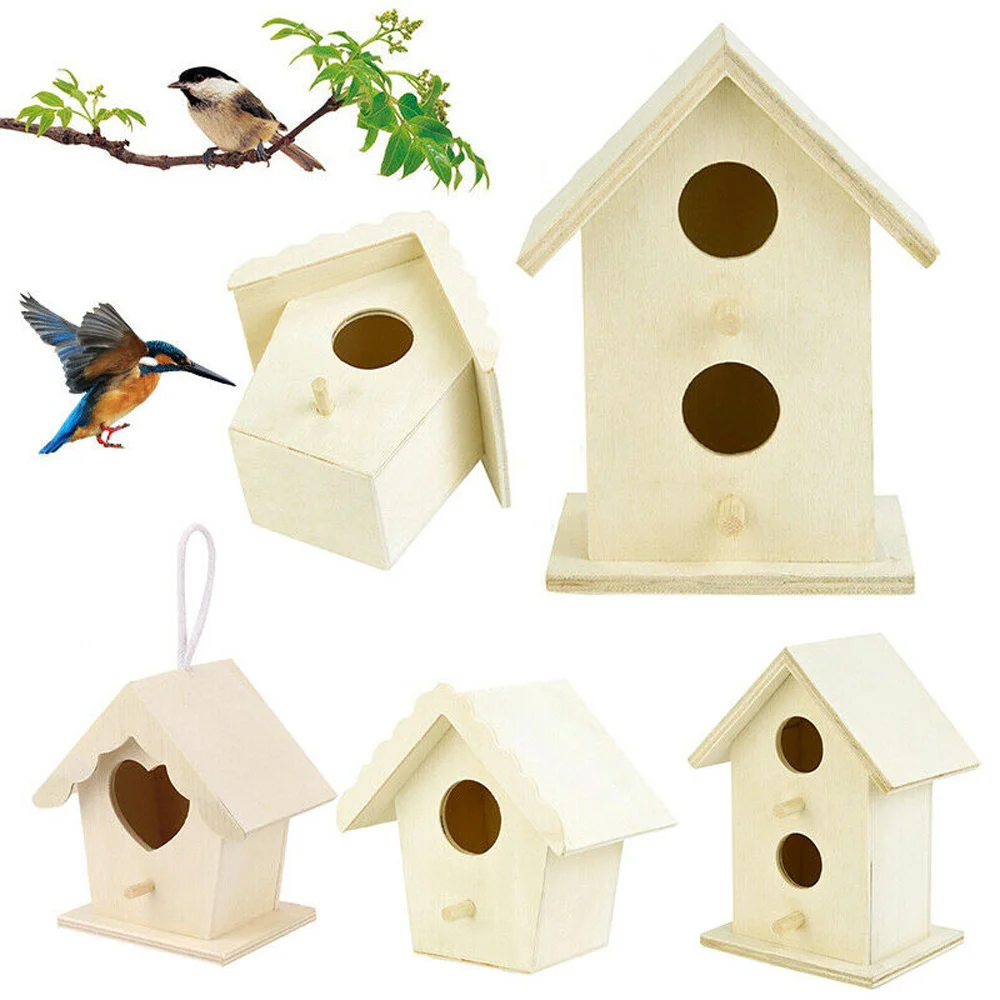 

1pc Wooden Bird House With Hanging Rope Home Gardening Decoration Creative Bird's Small House Nest Diy Types Wall-mounted