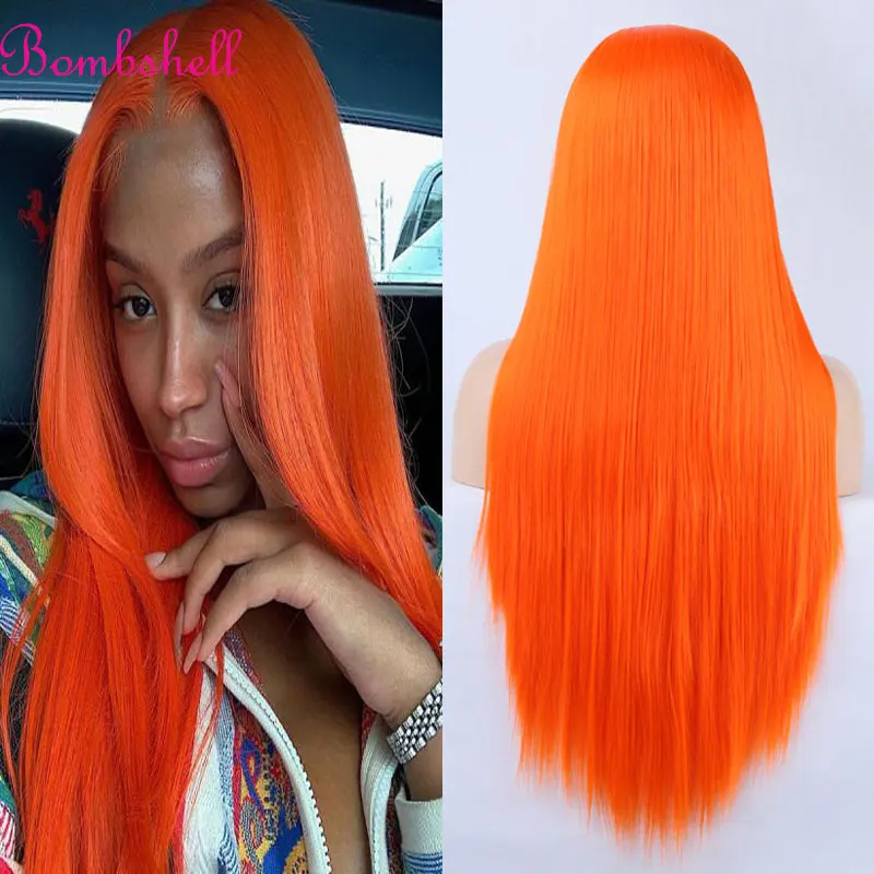 

Bombshell Ginger Orange Straight Synthetic 13X4 Lace Front Wig Glueless High Quality Heat Resistant Fiber Hair For Women To Wear