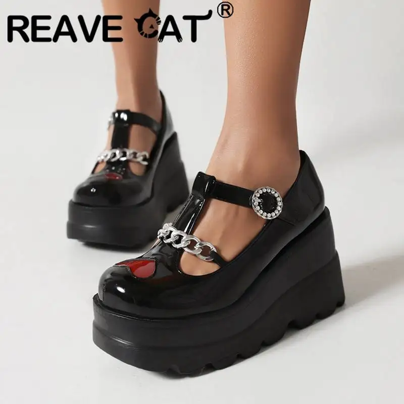 REAVE CAT Luxry Shoes For Women Pumps Round Toe Wedges Heels 9cm Platform Hill 5cm T-Strap Chain Punk Fashion 41 42 43 Big Size
REAVE CAT Luxry Shoes For Women Pumps Round Toe Wedges Heels 9cm Platform Hill 5cm T-Strap Chain Punk Fashion 41 42 43 Big Size