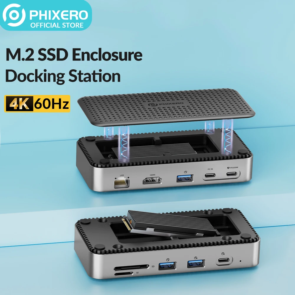 PHIXERO 10-IN-1 USB C HUB M.2 NVMe SATA SSD Enclosure 10Gbps 4K 60Hz HDMI-Com RJ45 PD100W SD/TF USB Docking Station for Laptop
PHIXERO 10-IN-1 USB C HUB M.2 NVMe SATA SSD Enclosure 10Gbps 4K 60Hz HDMI-Com RJ45 PD100W SD/TF USB Docking Station for Laptop