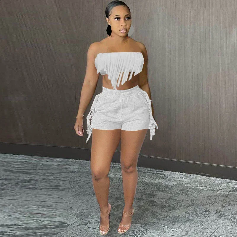 KEXU Solid Summer Tassel Two Piece Set Women Tracksuit Strapless Crop Top + Shorts Female Fashion Casual Streetwear
KEXU Solid Summer Tassel Two Piece Set Women Tracksuit Strapless Crop Top + Shorts Female Fashion Casual Streetwear