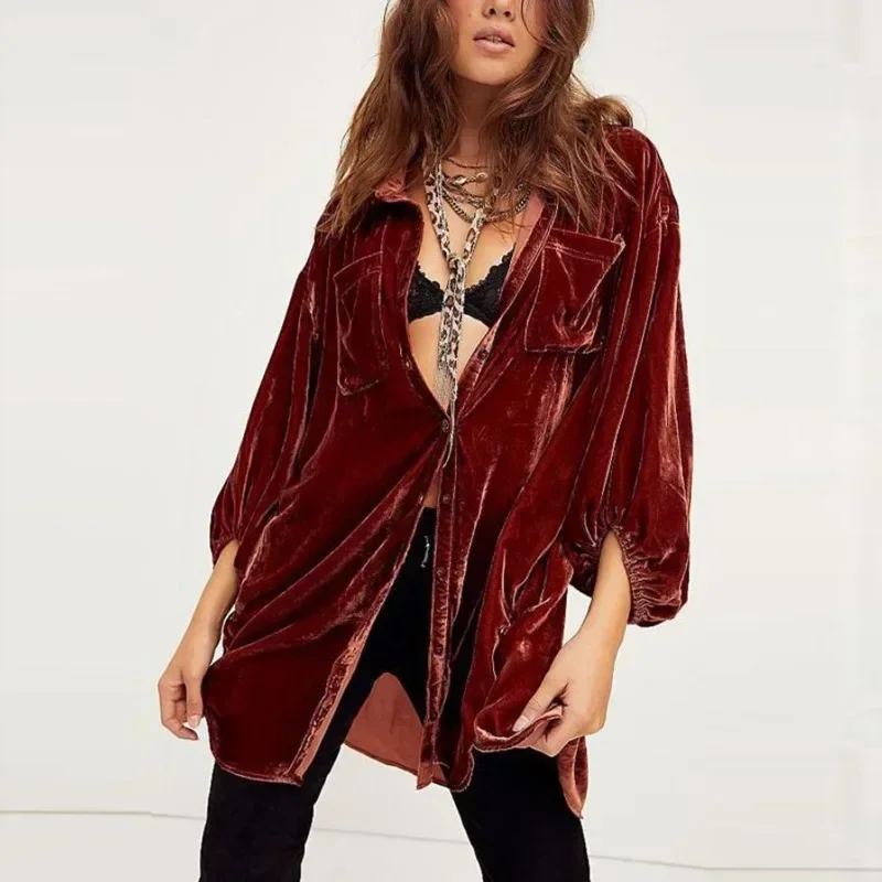 

2024 Autumn Loose Lantern Sleeves Long Shirt Fashion Women Top Winter Golden Velvet Blouse Clothes New Tops Mujer Blusas 30091