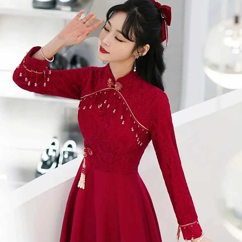 

Sexy Classic A-Line Banquet Dress Vestidos Burgundy Lace Bride Wedding Dress Toast Clothing Elegant Chinese Lady Qipao Cheongsam