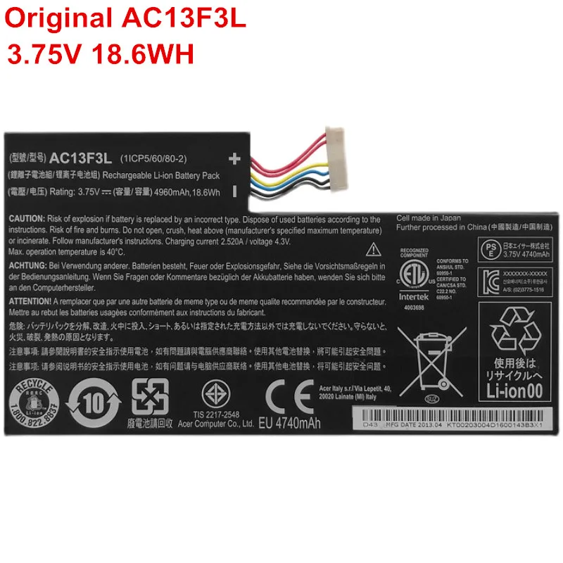 New Original Li Ion Battery Pack AC13F8L AC13F3L For ACER Iconia Tab W4 A1-810 A1-811 A1-A810 W4-820 W4-820P 3.75V 18.6Wh
New Original Li Ion Battery Pack AC13F8L AC13F3L For ACER Iconia Tab W4 A1-810 A1-811 A1-A810 W4-820 W4-820P 3.75V 18.6Wh