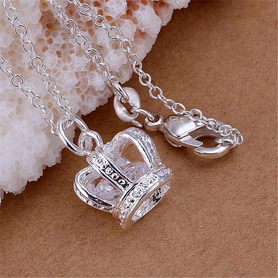 

925 Sterling Silver Noble Crystal Diamond Crown Pendant Necklace for Woman Holiday Gift Fine Wedding Party Brands Jewelry