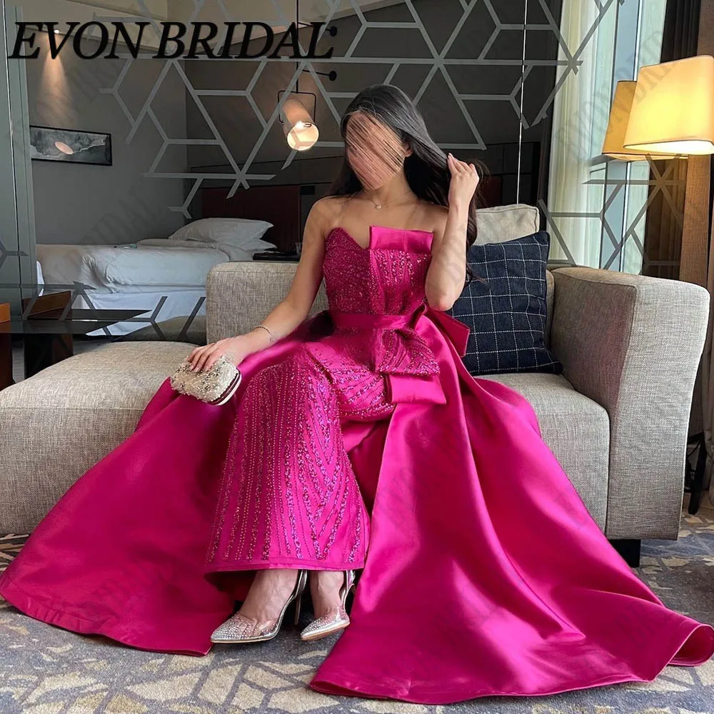 

EVON BRIDAL Elegant Dubai Mermaid Evening Dresses Formal Fuchsia Bow Satin Strapless Shiny Pageant Prom Gowns Detachable Train