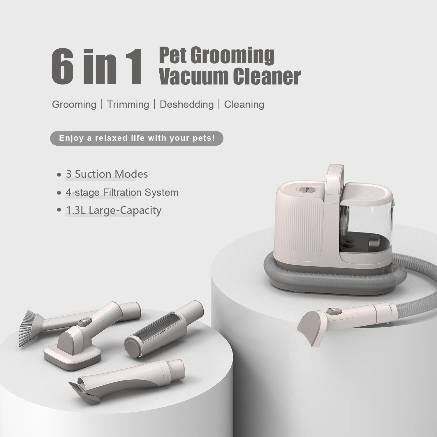 

6-in-1 Powerful Dog & Cat Grooming Vacuum 99% Pet Hair Suction 1.3L Dust Cup Easy Home Cleaning Solution for Shedding Pets