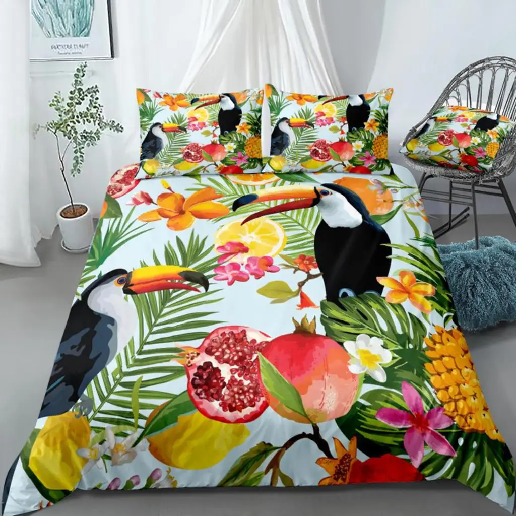 

Tropical Fruits And Toucan Duvet Cover Set Pomegranate Lemon Orange Flowers Leaves Bedding Botanical Quilt Cover King Dropship