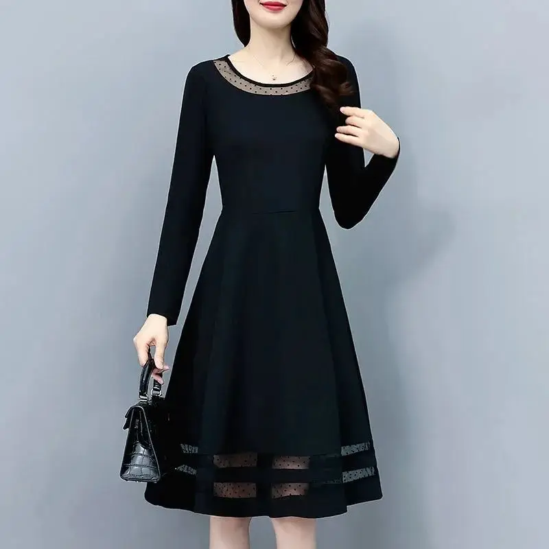 

Elegant O-Neck Solid Color Spliced Folds Gauze Ladies Dresses Women's Clothing 2023 Autumn Winter Loose Office Lady Midi Dress