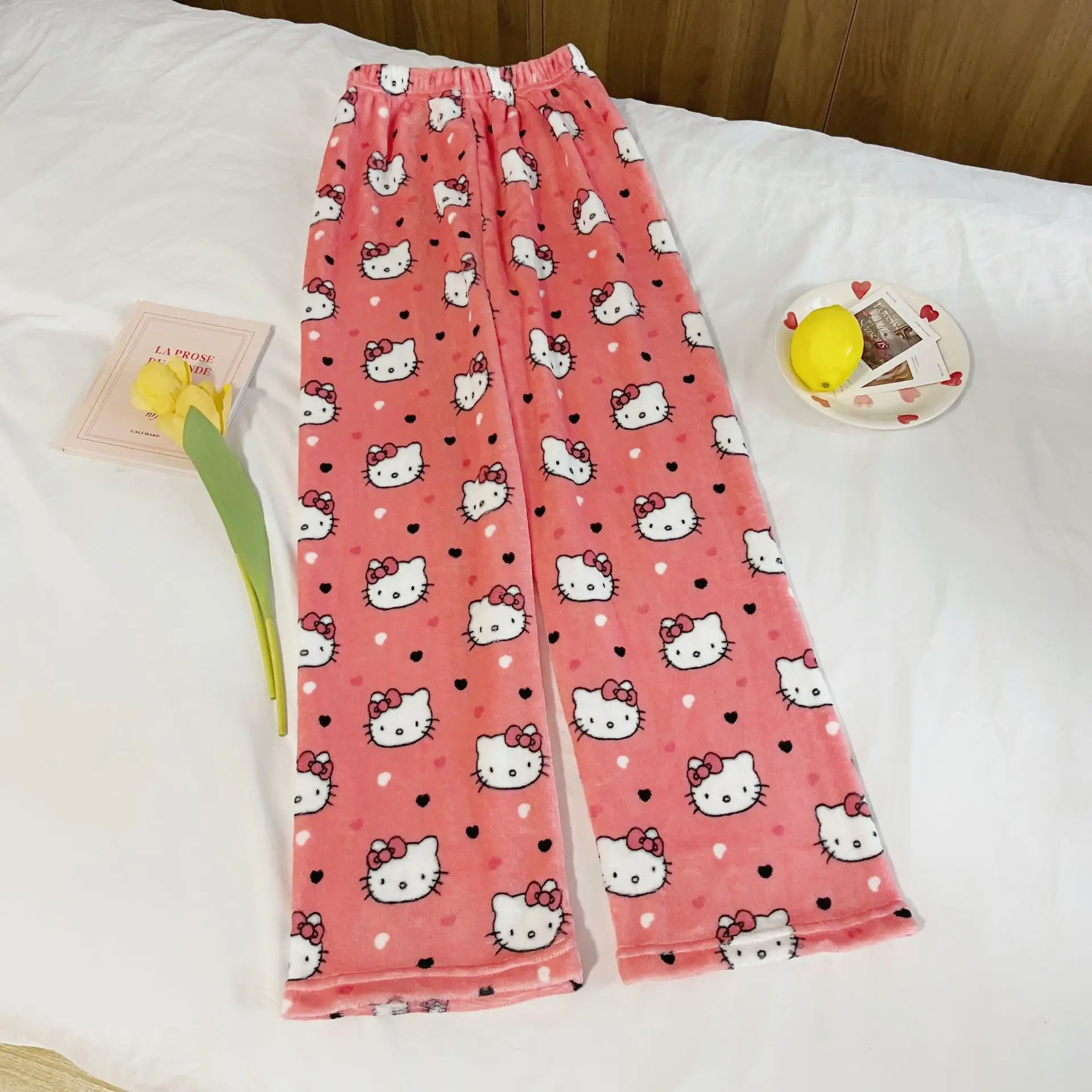 

Cute Sanrio Hello Kitty Cartoon Pink Kt Cat Thicken Flannel Pajama Pants Pretty Girl Pants Autumn Warm Casual Homewear Girl Gift