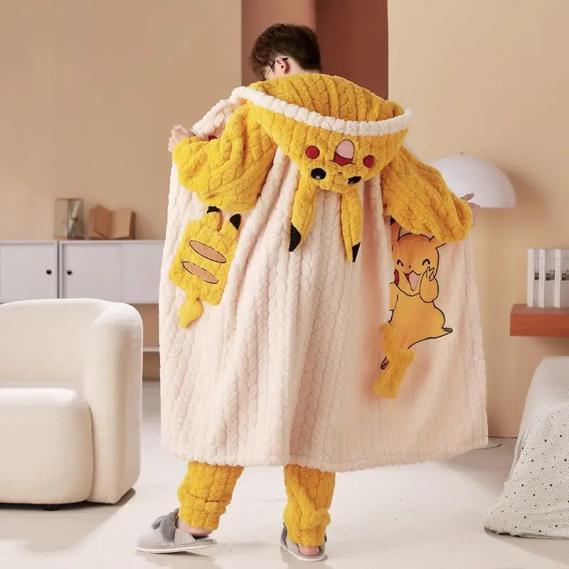 

Pokemon Anime Pikachu Autumn Winter Hooded Pajamas Bathrobes Adult Thickened Nightgown Coral Velvet Home Clothes Bath Robes Gift