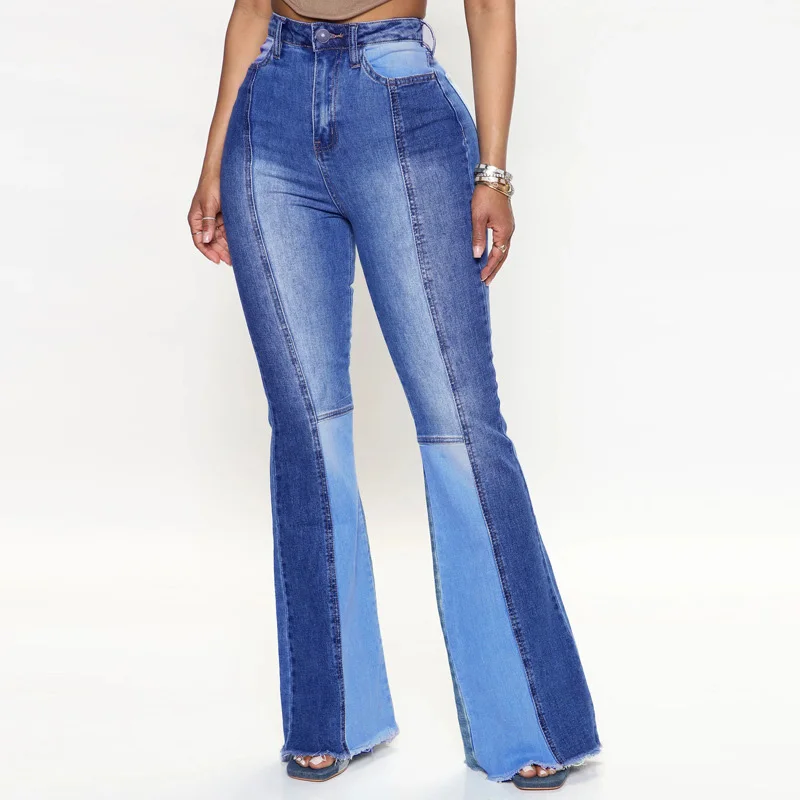 

Women Casual Jeans Flare Pants Pannelled Collision Pant Fashional Tassel High Waist Fit Female High Quality