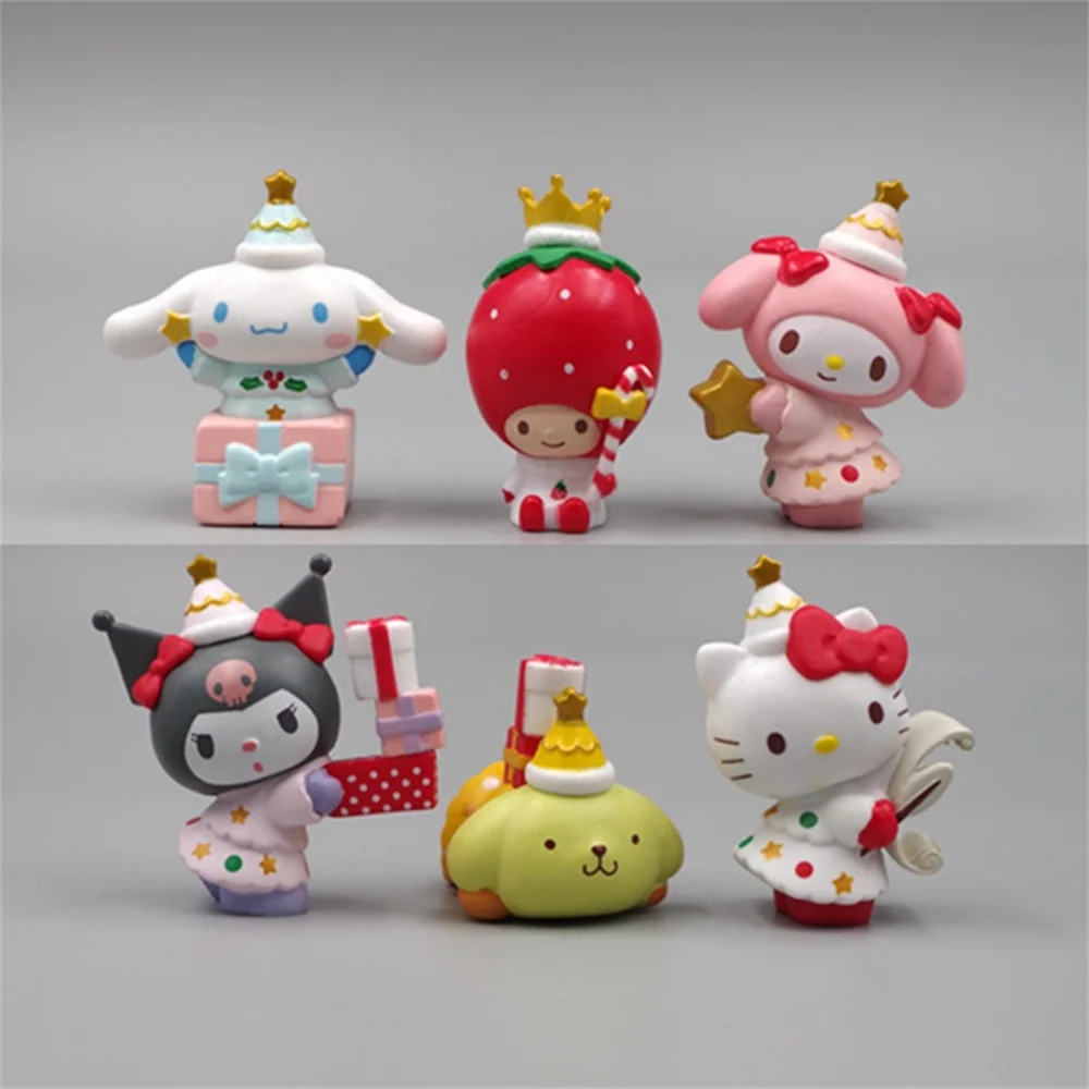 

Аниме фигурки Hello Kitty Sanrio, экшн-фигурки Kuromi Cinnamoroll, Рождественская серия, модель My Melody, украшение для торта, подарки, 6 шт./набор