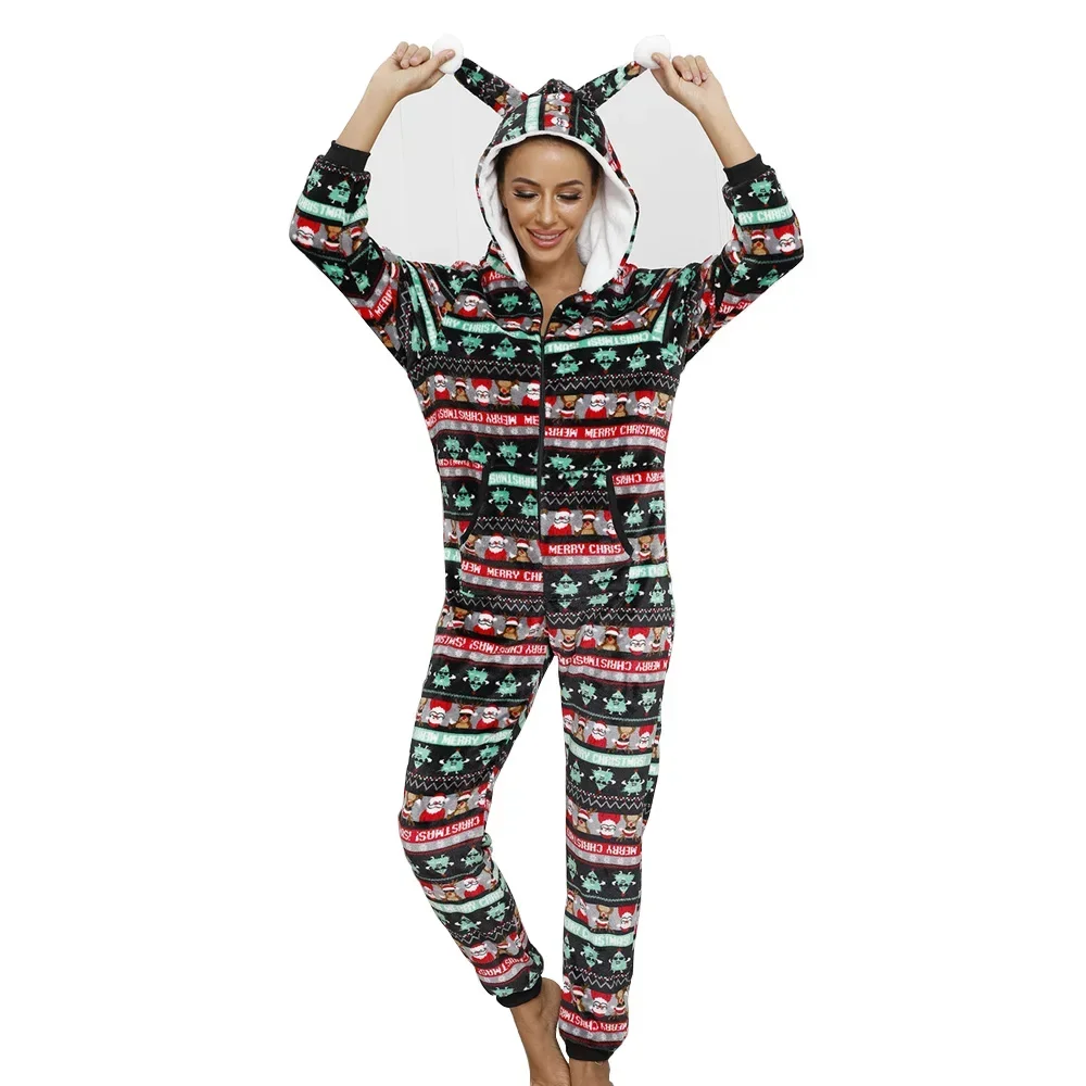 

Christmas Pyjamas Winter Warm Women Onesies Santa Claus Elk Print Fleece Jumpsuits Sleepwear Nightwear Sets New Year Romper