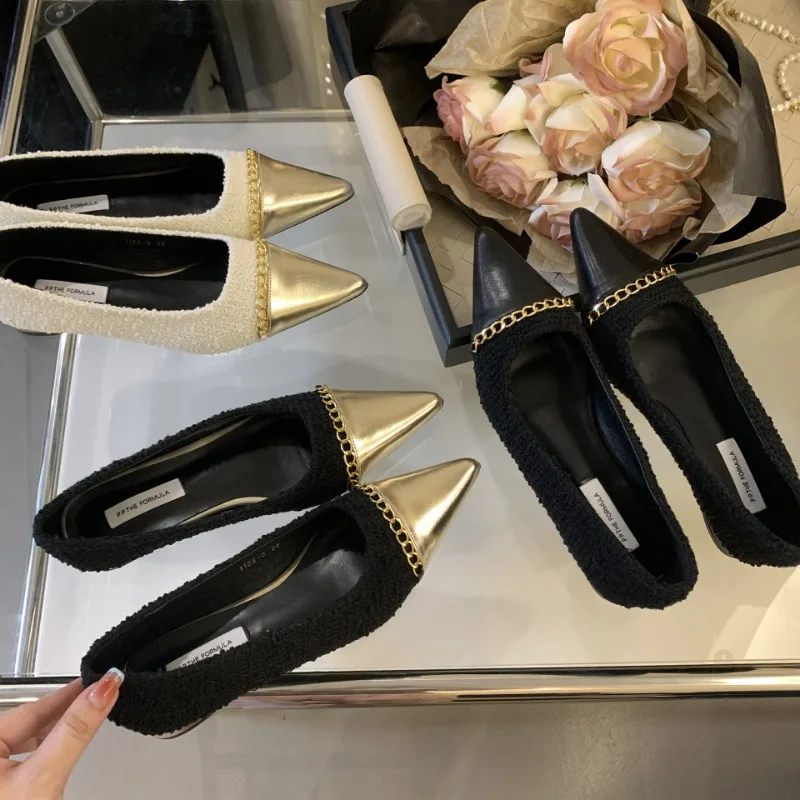 Fashion Metal Chain Decoration Low-heeled Shoes Women Elegant Pointed Toe Shallow Brand Designer Shoes Comfort Zapatos De Mujer 36 Sf4fd94baf83842ef9823ec5a99272fa4X