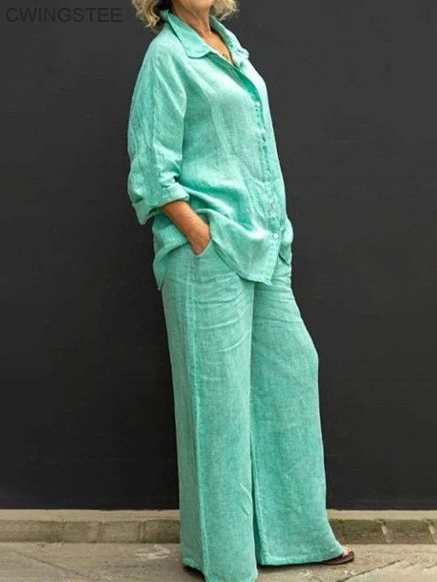 Linen Lapel Two Pieces Set Autumn Vintage Solid Color Long Sleeve Button Shirt Blouse Women Casual Loose Straight Pants Suits
Linen Lapel Two Pieces Set Autumn Vintage Solid Color Long Sleeve Button Shirt Blouse Women Casual Loose Straight Pants Suits
