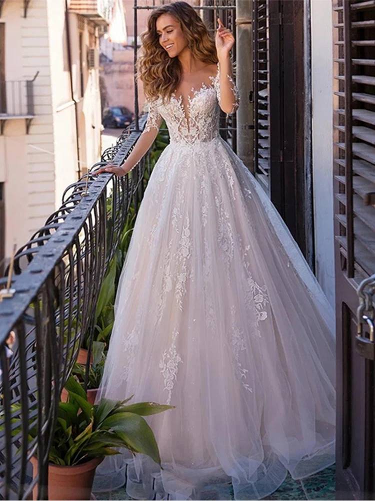 Elegant Long Tulle Sleeves Bride Dress Deep V-Neck Back Button Wedding Dresses 2022 Appliques Sweep Train Vestido De Novia
Elegant Long Tulle Sleeves Bride Dress Deep V-Neck Back Button Wedding Dresses 2022 Appliques Sweep Train Vestido De Novia