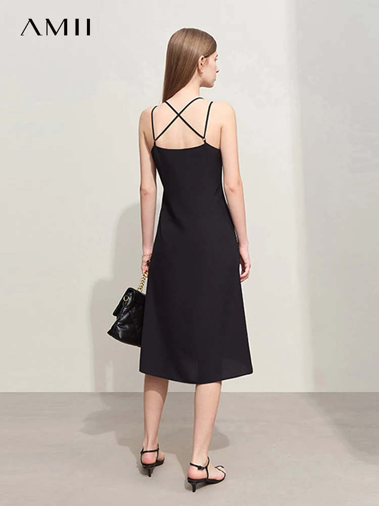 

AmiiI Minimalism Halter Dresses for Women 2024 Summer New Solid Slim Fine Twill Woven Cross A-Line Casual Strap Dress 12422043