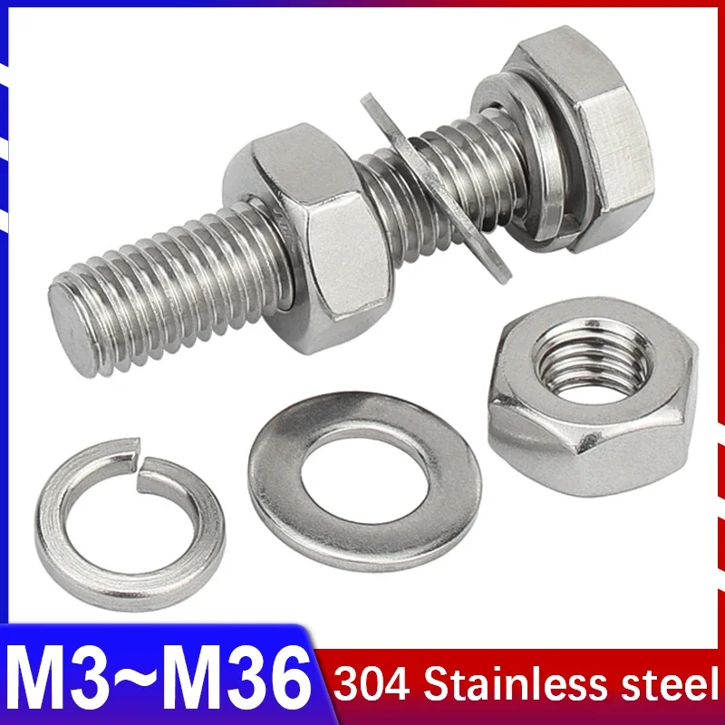 

4 In1 304 Stainless Steel Hexagon Bolt Screw Nut Flat Washer Spring Washer Gasket Set Combination M3 M5 M6 M8 M10~M36 Lengthen