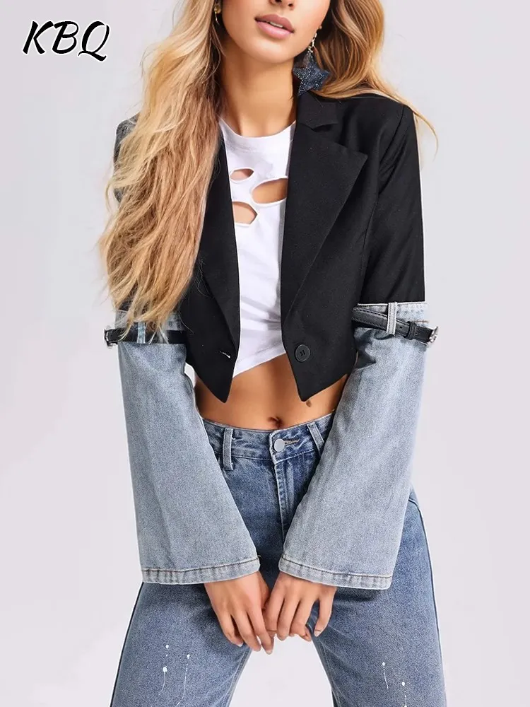 

KBQ Temperament Colorblock Patchwork Denim Jackets For Women Notched Collar Long Sleeve Spliced Belt Casual Short Coats Female