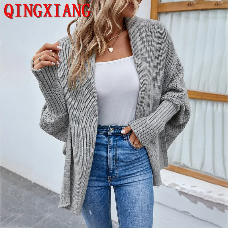 

8 Colors Long Batwing Sleeves Knitted Loose Sweater Out Street Poncho Knits Coat Women Turn Down Collar Thick Cardigans Knitwear